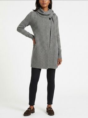 Theory Gray Ribbed Knit Long Cardigan with Scarf Detail